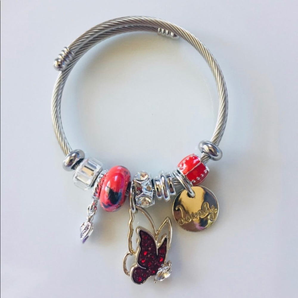 Women's Butterfly Charm Red Sterling Silver sparkly Bracelet